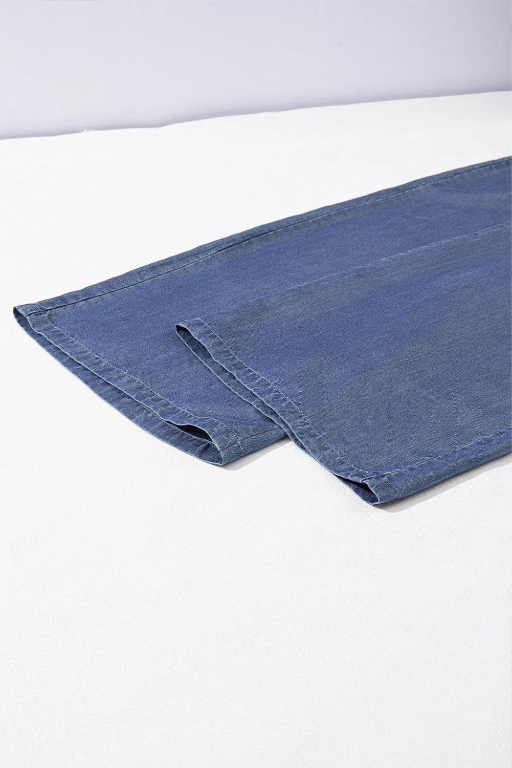 Sky Blue Side Pockets Frilled Smocked High Waist Wide Leg Jeans