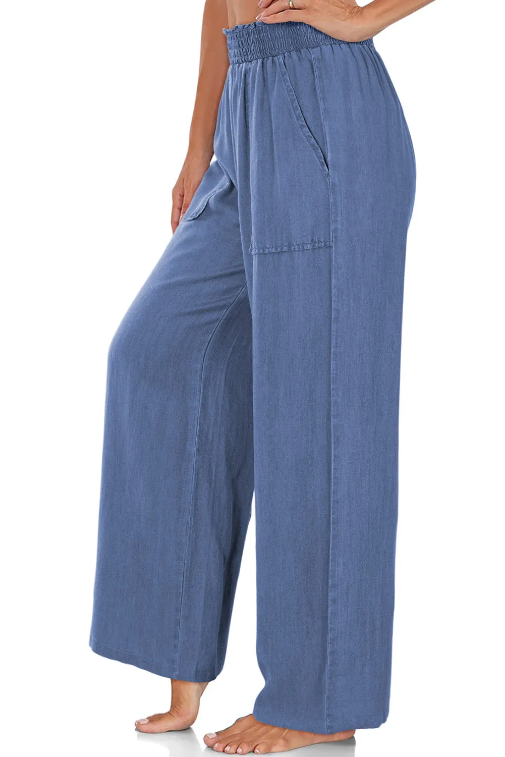 Sky Blue Side Pockets Frilled Smocked High Waist Wide Leg Jeans