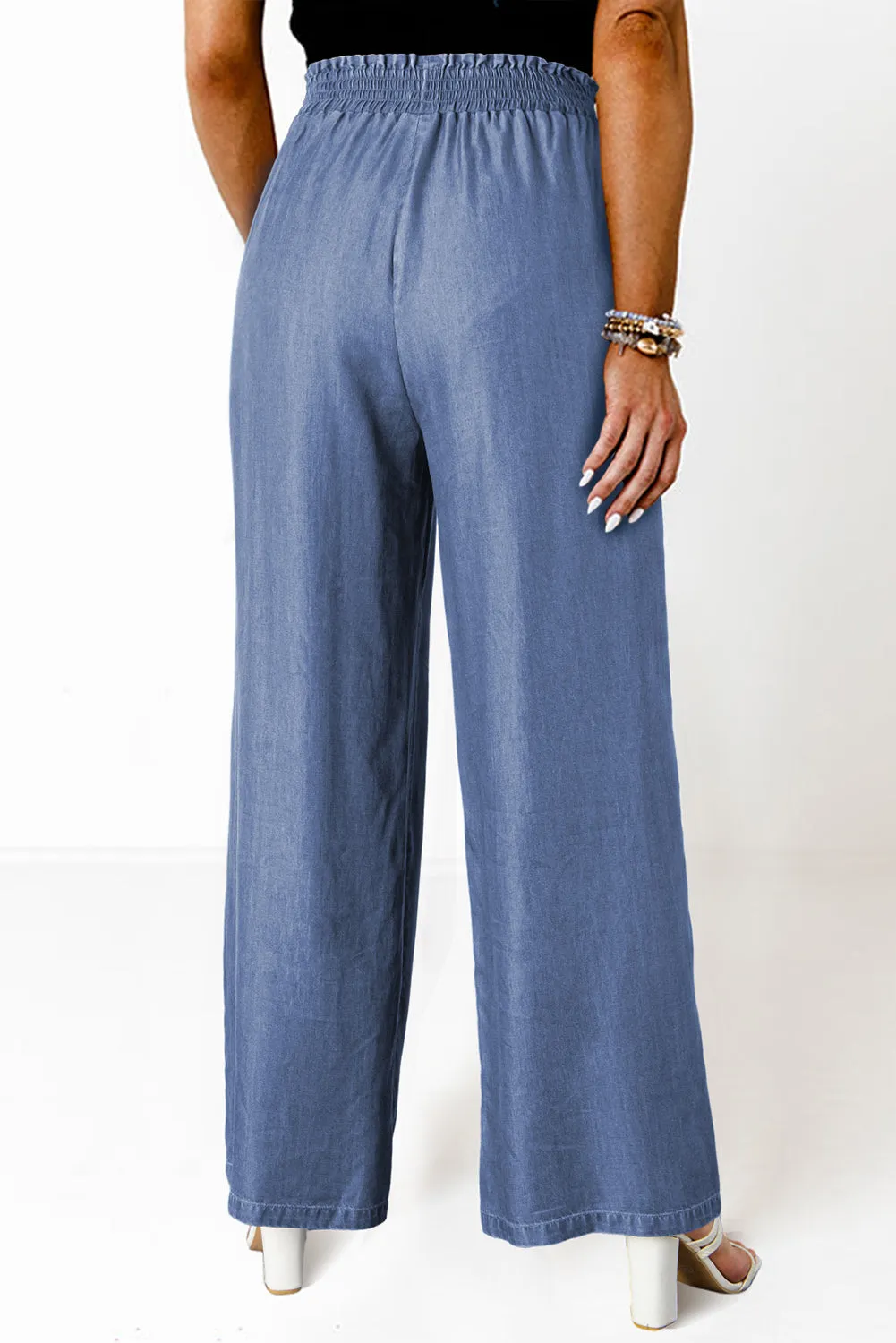 Sky Blue Side Pockets Frilled Smocked High Waist Wide Leg Jeans