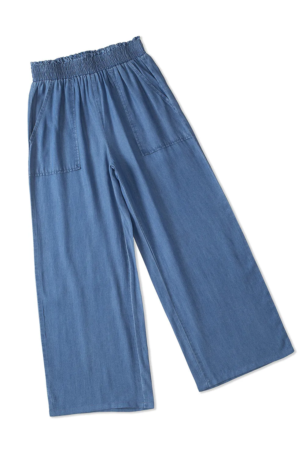 Sky Blue Side Pockets Frilled Smocked High Waist Wide Leg Jeans