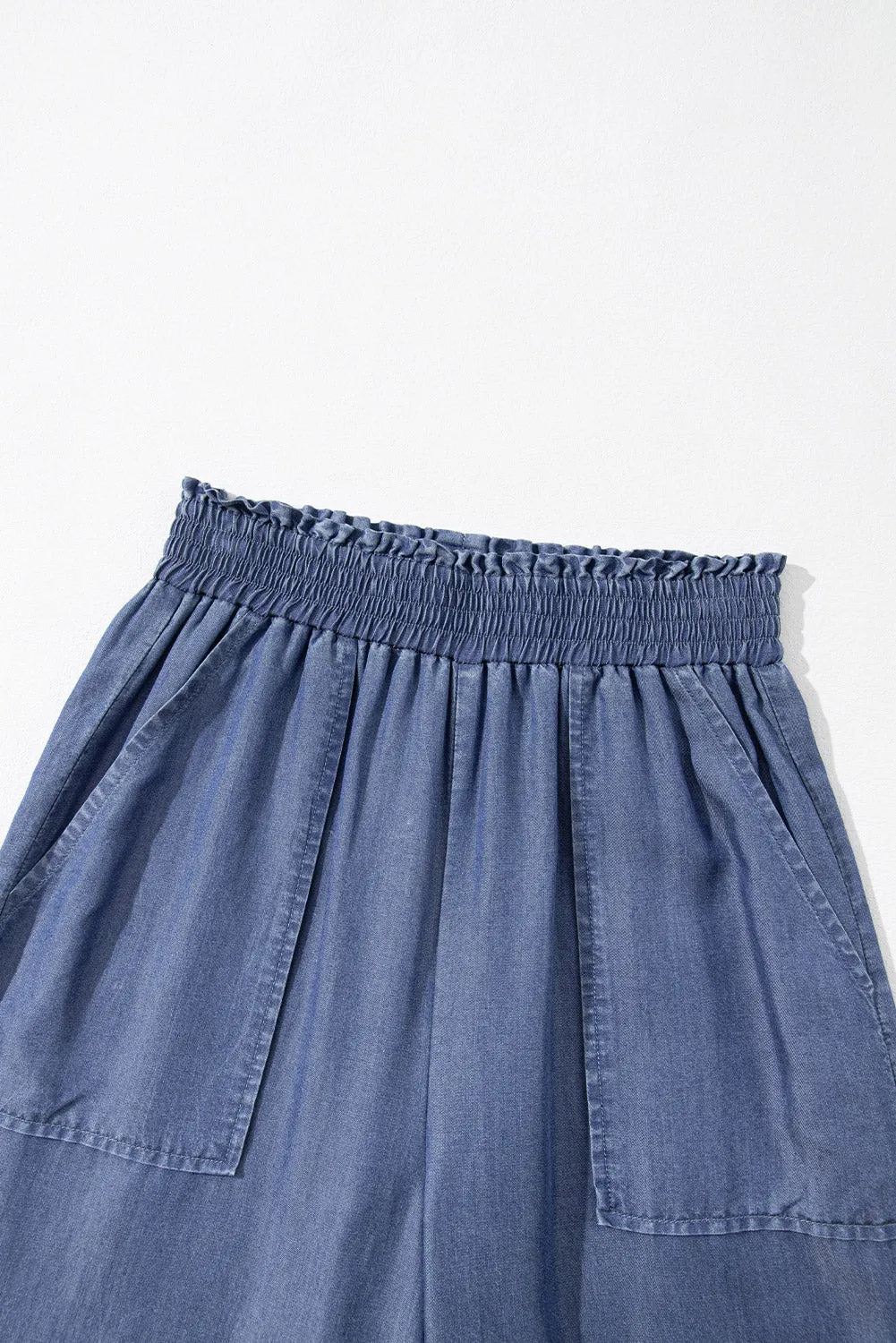 Sky Blue Side Pockets Frilled Smocked High Waist Wide Leg Jeans