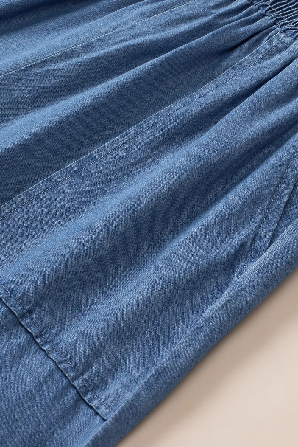 Sky Blue Side Pockets Frilled Smocked High Waist Wide Leg Jeans