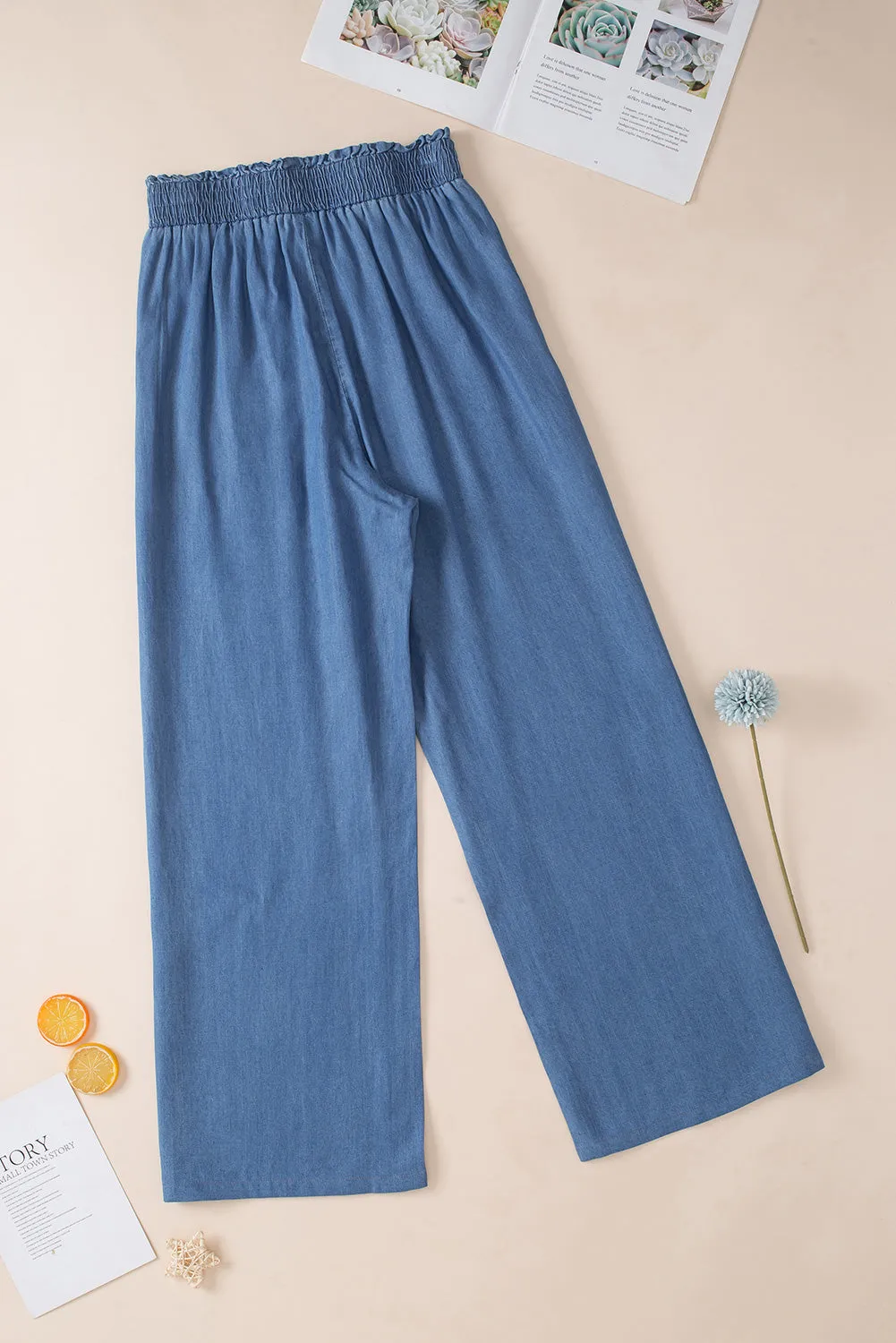 Sky Blue Side Pockets Frilled Smocked High Waist Wide Leg Jeans