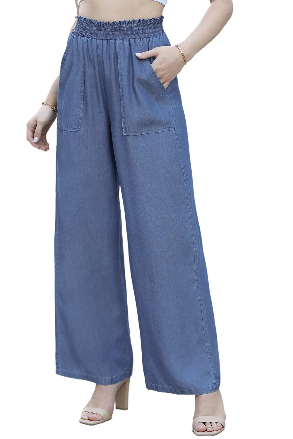 Sky Blue Side Pockets Frilled Smocked High Waist Wide Leg Jeans