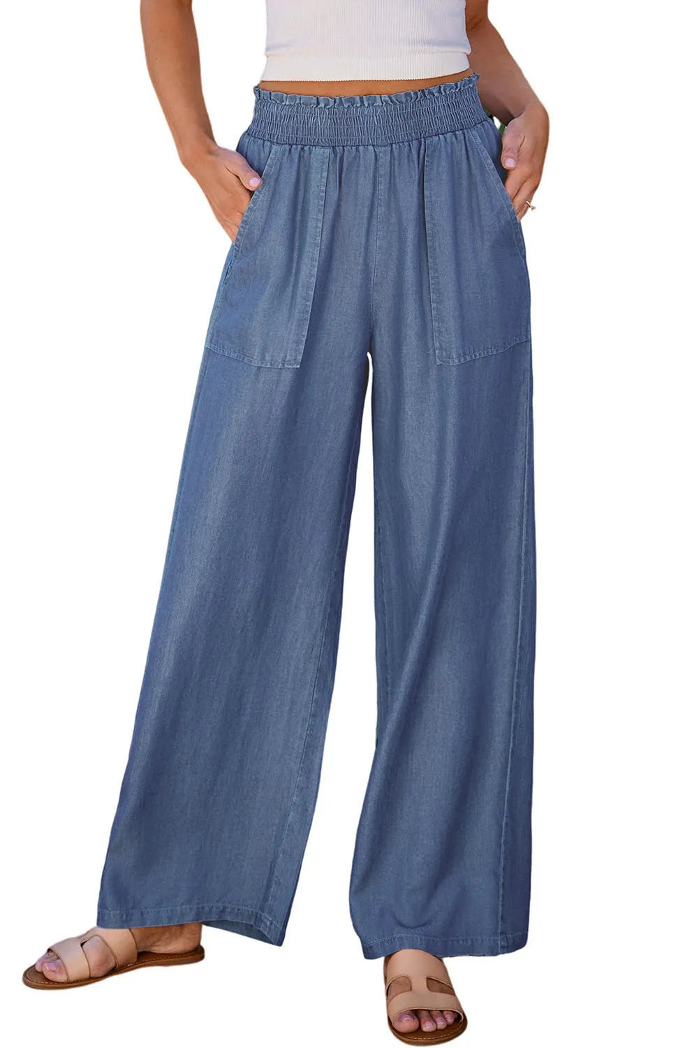 Sky Blue Side Pockets Frilled Smocked High Waist Wide Leg Jeans