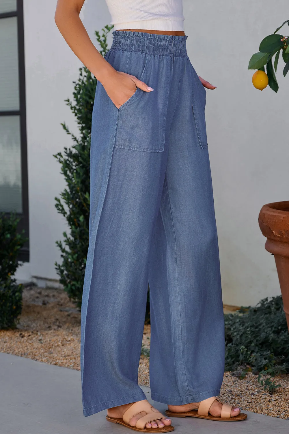 Sky Blue Side Pockets Frilled Smocked High Waist Wide Leg Jeans