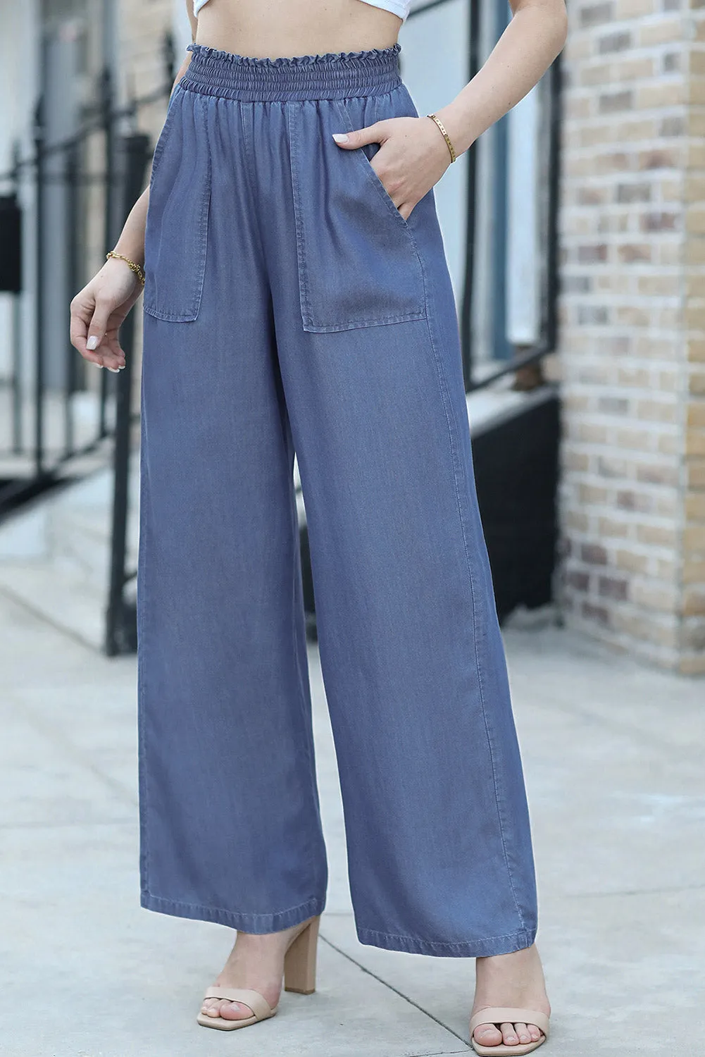 Sky Blue Side Pockets Frilled Smocked High Waist Wide Leg Jeans