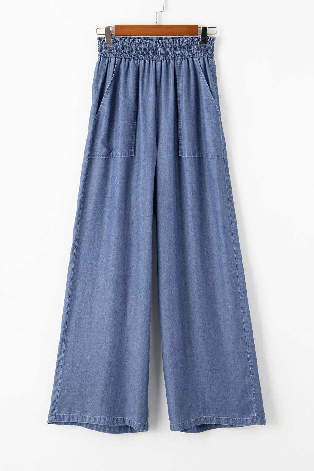 Sky Blue Side Pockets Frilled Smocked High Waist Wide Leg Jeans