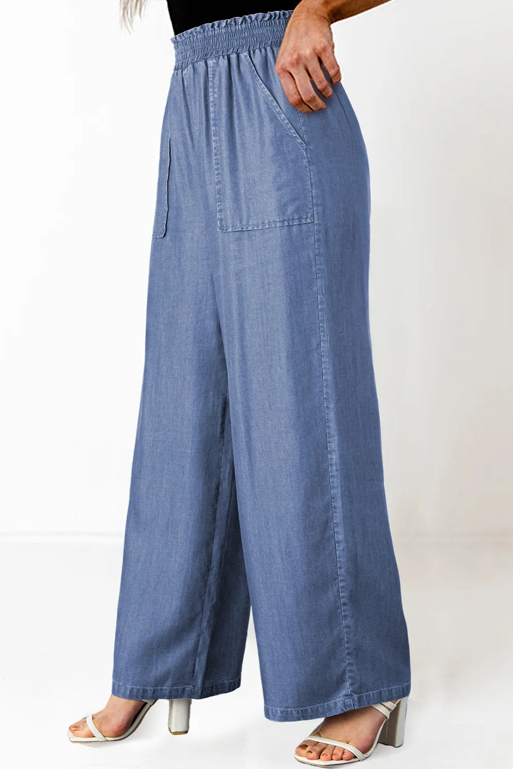 Sky Blue Side Pockets Frilled Smocked High Waist Wide Leg Jeans
