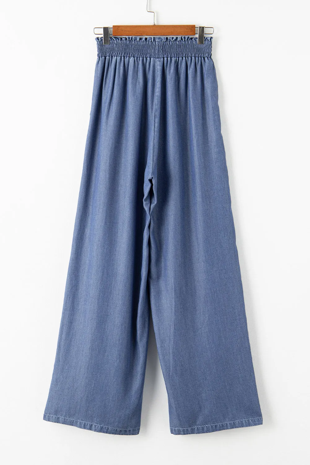 Sky Blue Side Pockets Frilled Smocked High Waist Wide Leg Jeans