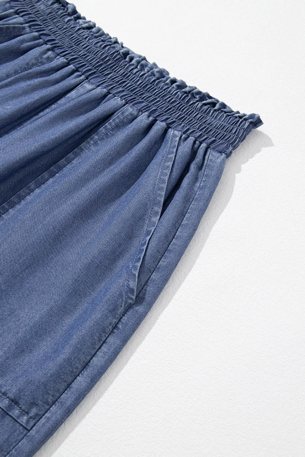 Sky Blue Side Pockets Frilled Smocked High Waist Wide Leg Jeans