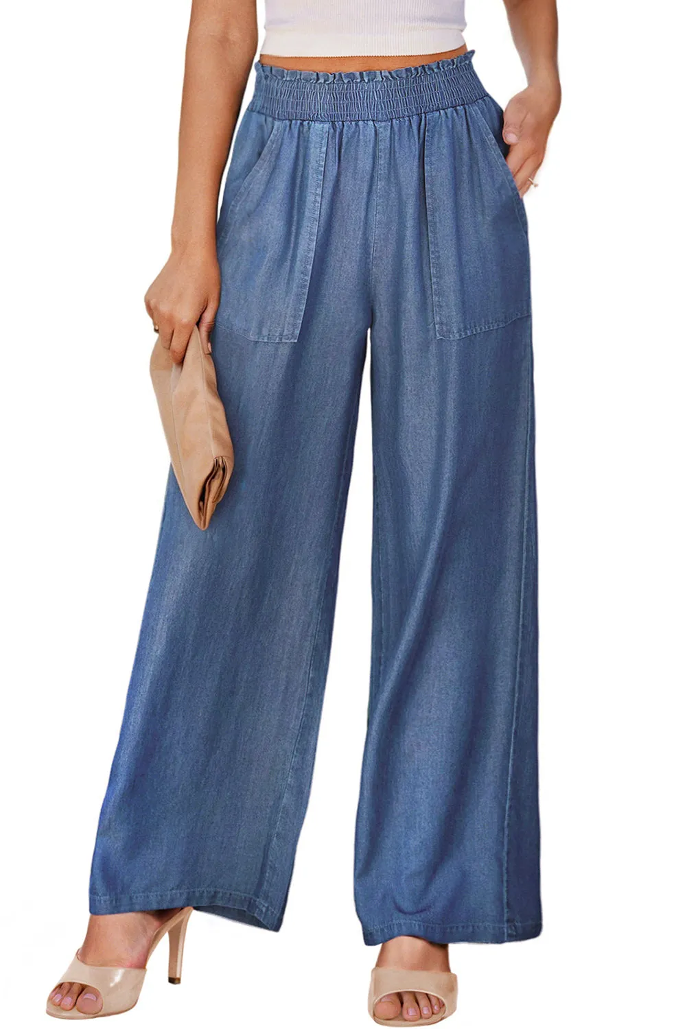Sky Blue Side Pockets Frilled Smocked High Waist Wide Leg Jeans