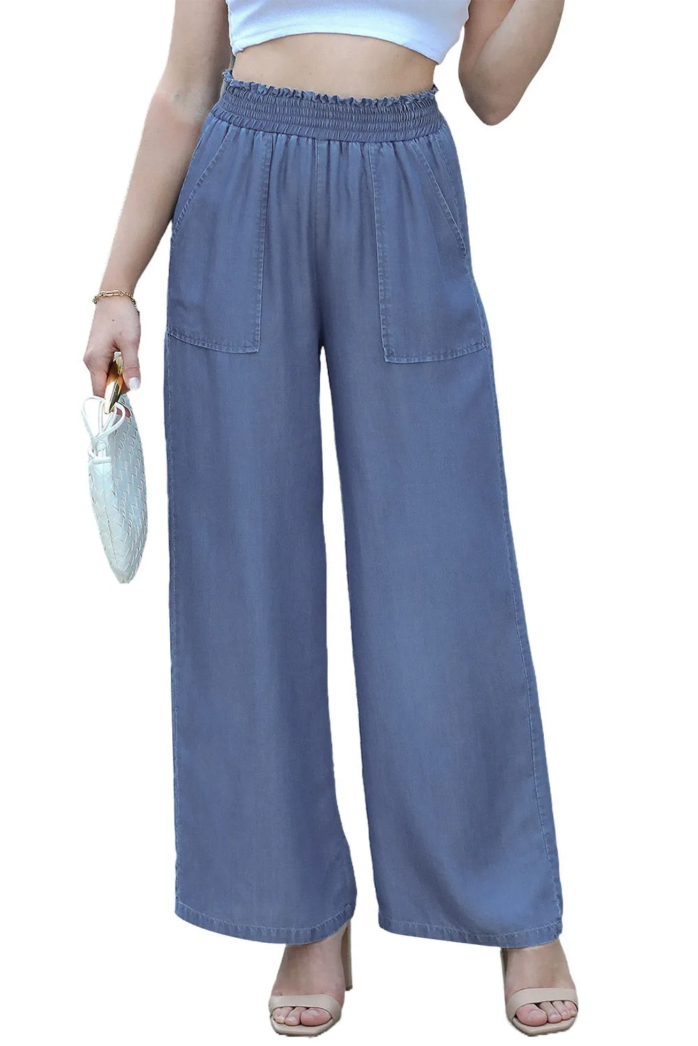 Sky Blue Side Pockets Frilled Smocked High Waist Wide Leg Jeans