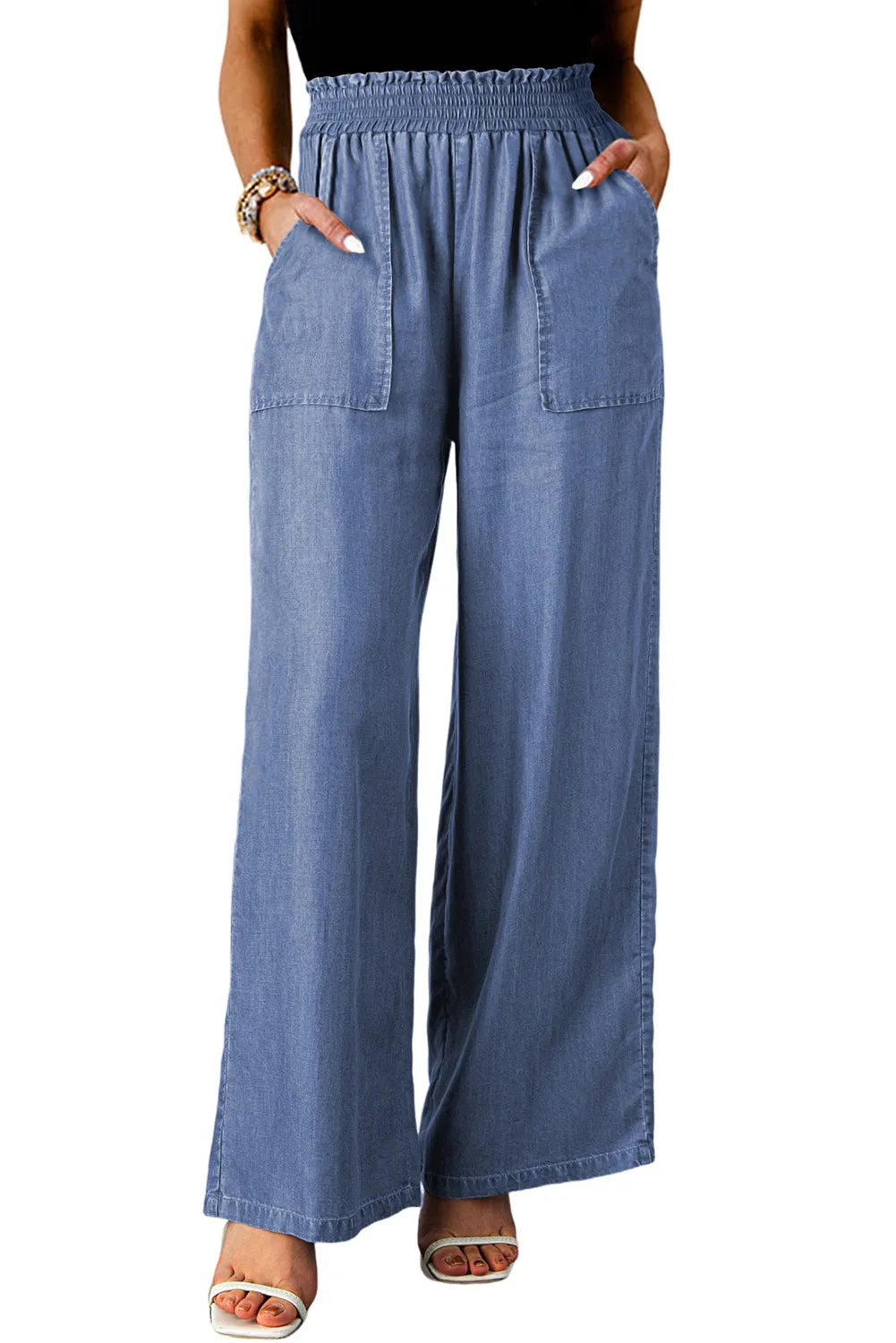 Sky Blue Side Pockets Frilled Smocked High Waist Wide Leg Jeans