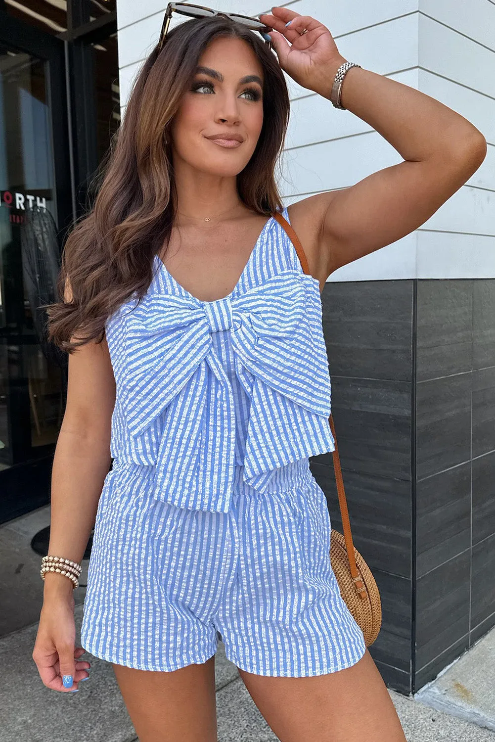 Sky Blue Stripe V neck Bowknot Crop Tank and Shorts Set