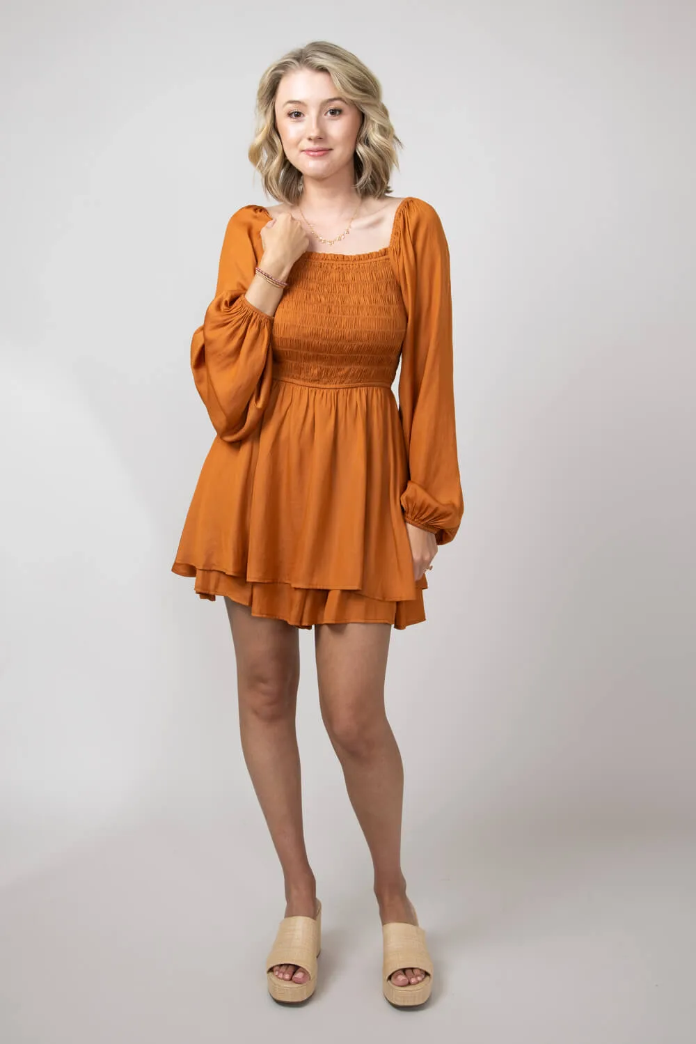 Smocked Bodice Layered Romper for Women in Orange | H30292-GIN