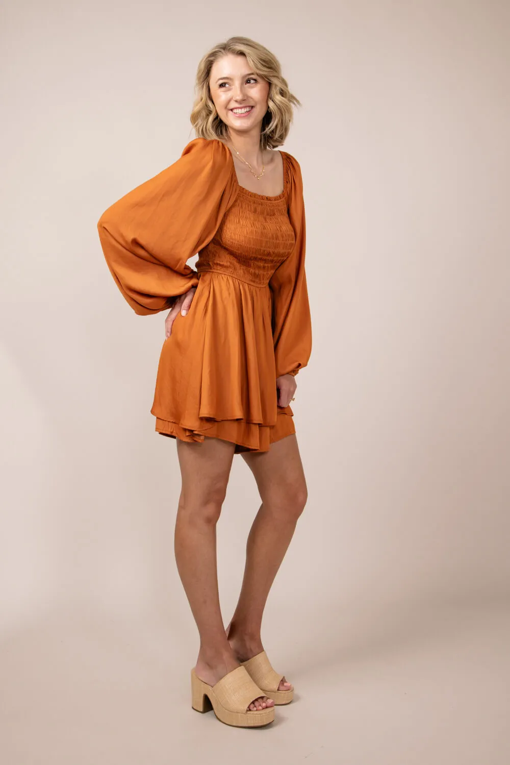 Smocked Bodice Layered Romper for Women in Orange | H30292-GIN