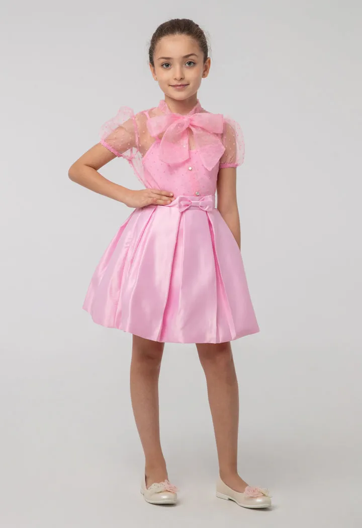 Solid Box Pleated Bow Flare Skirt