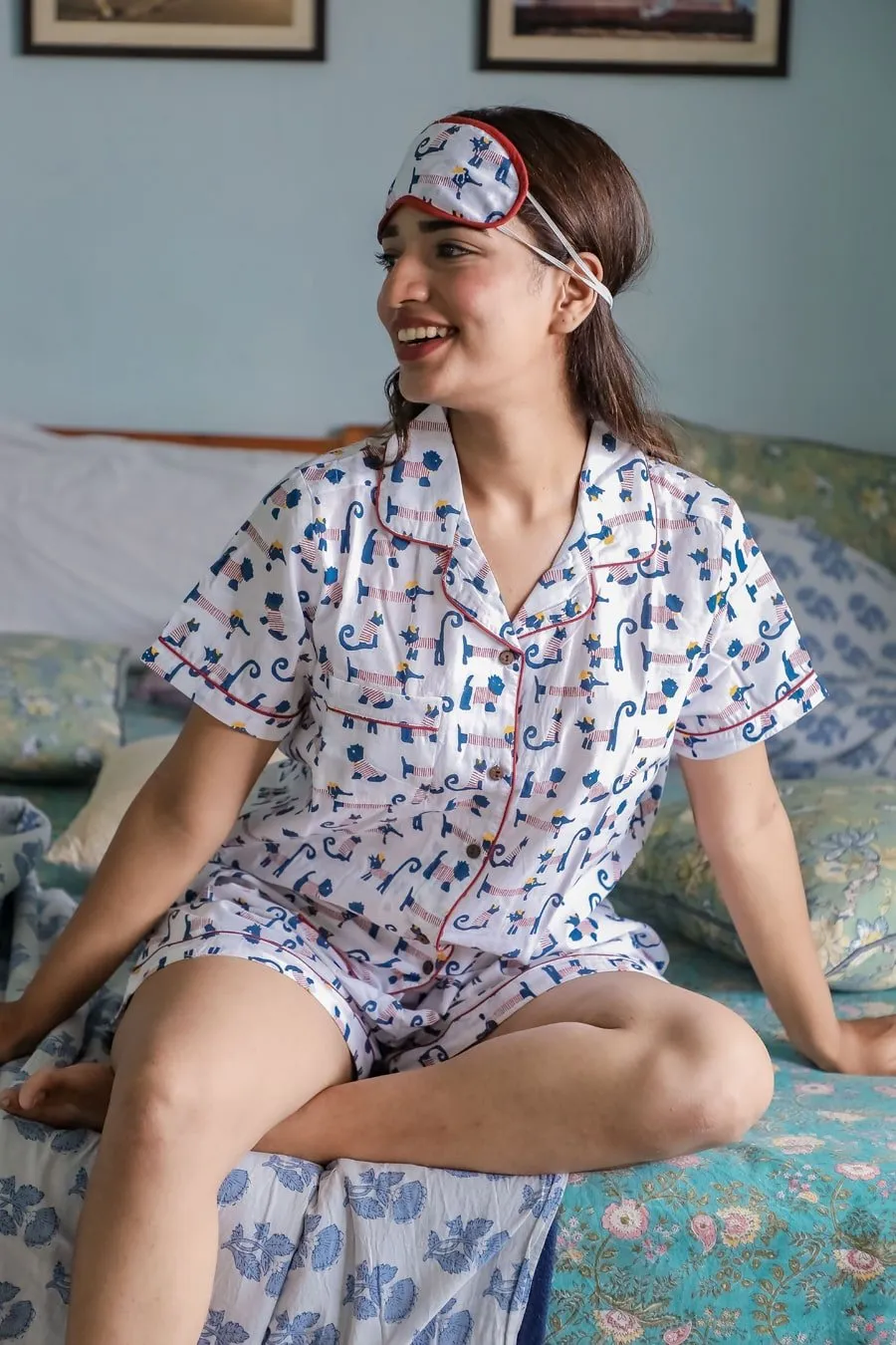 SootiSyahi 'Impish Puppy ' Azofree Handblock Printed Pure Cotton Night Suit