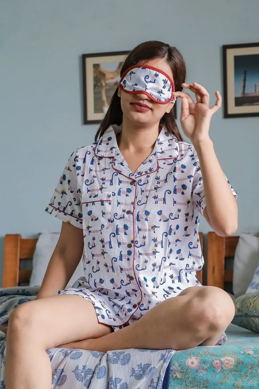 SootiSyahi 'Impish Puppy ' Azofree Handblock Printed Pure Cotton Night Suit