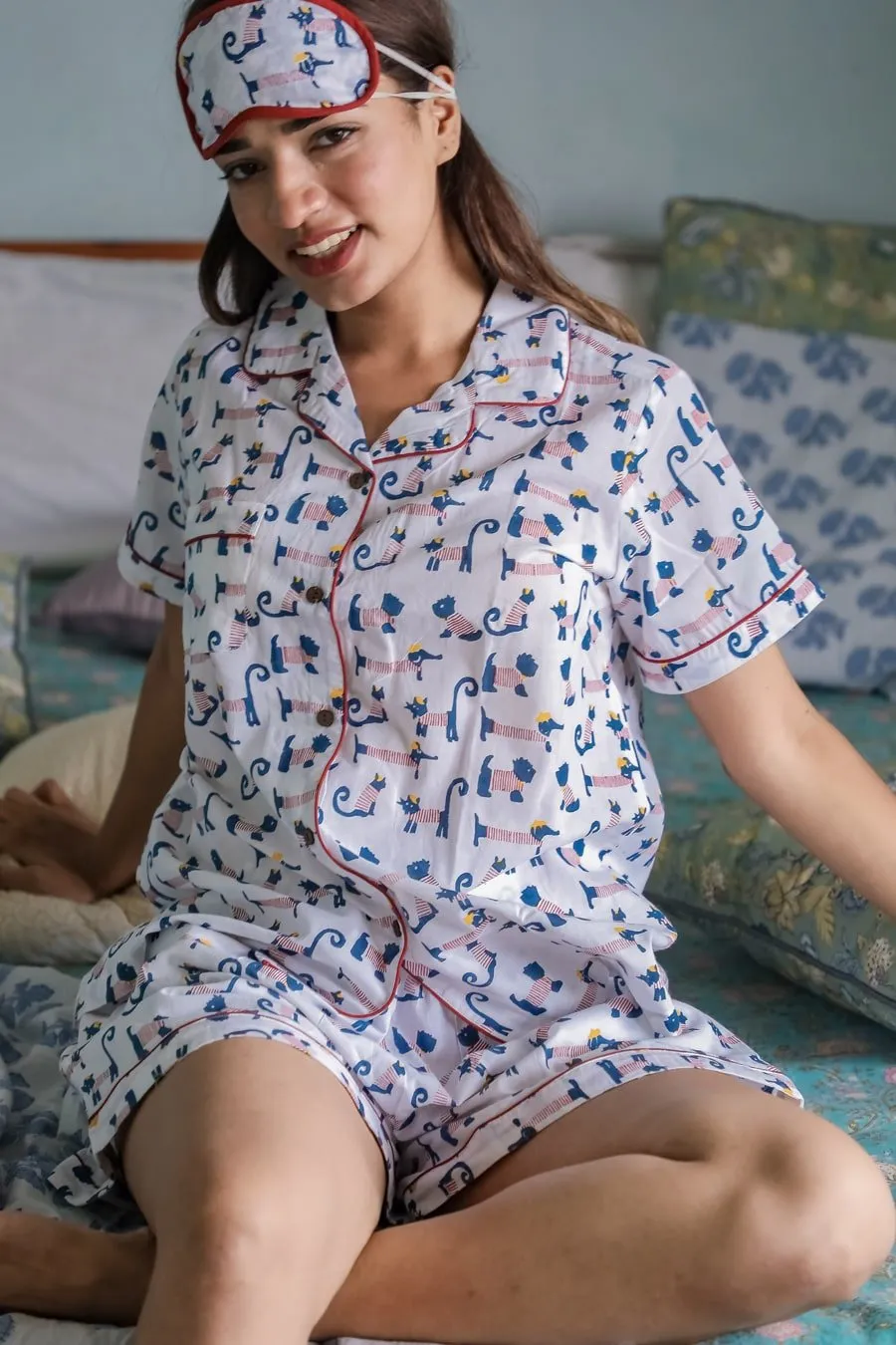 SootiSyahi 'Impish Puppy ' Azofree Handblock Printed Pure Cotton Night Suit