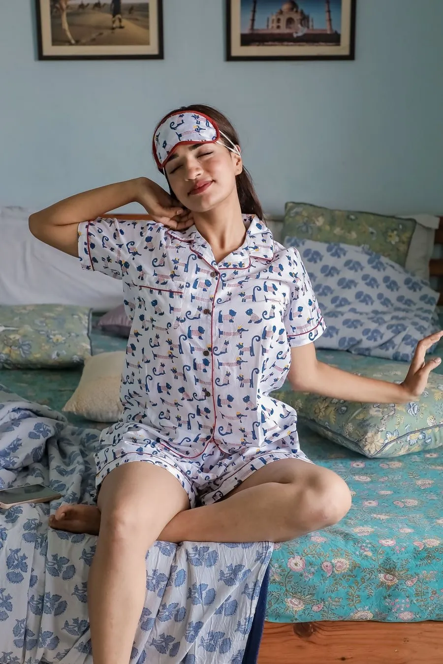 SootiSyahi 'Impish Puppy ' Azofree Handblock Printed Pure Cotton Night Suit