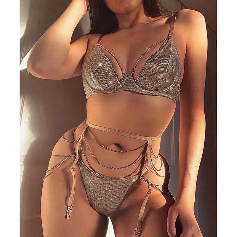 Sparkle Chain Push Up Bra And Panty Set Rhinestone Intimate Lingerie Set