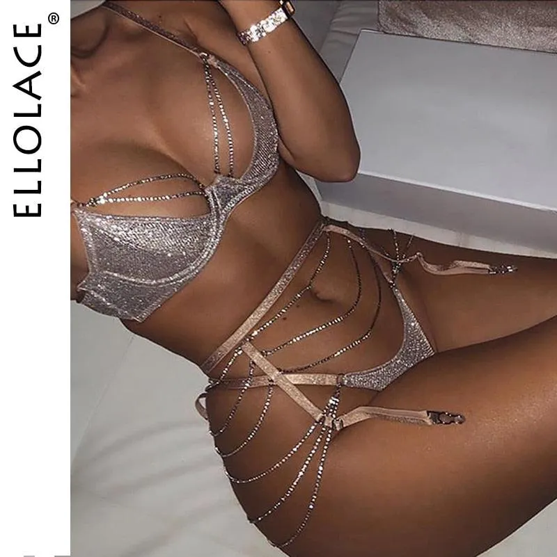 Sparkle Chain Push Up Bra And Panty Set Rhinestone Intimate Lingerie Set