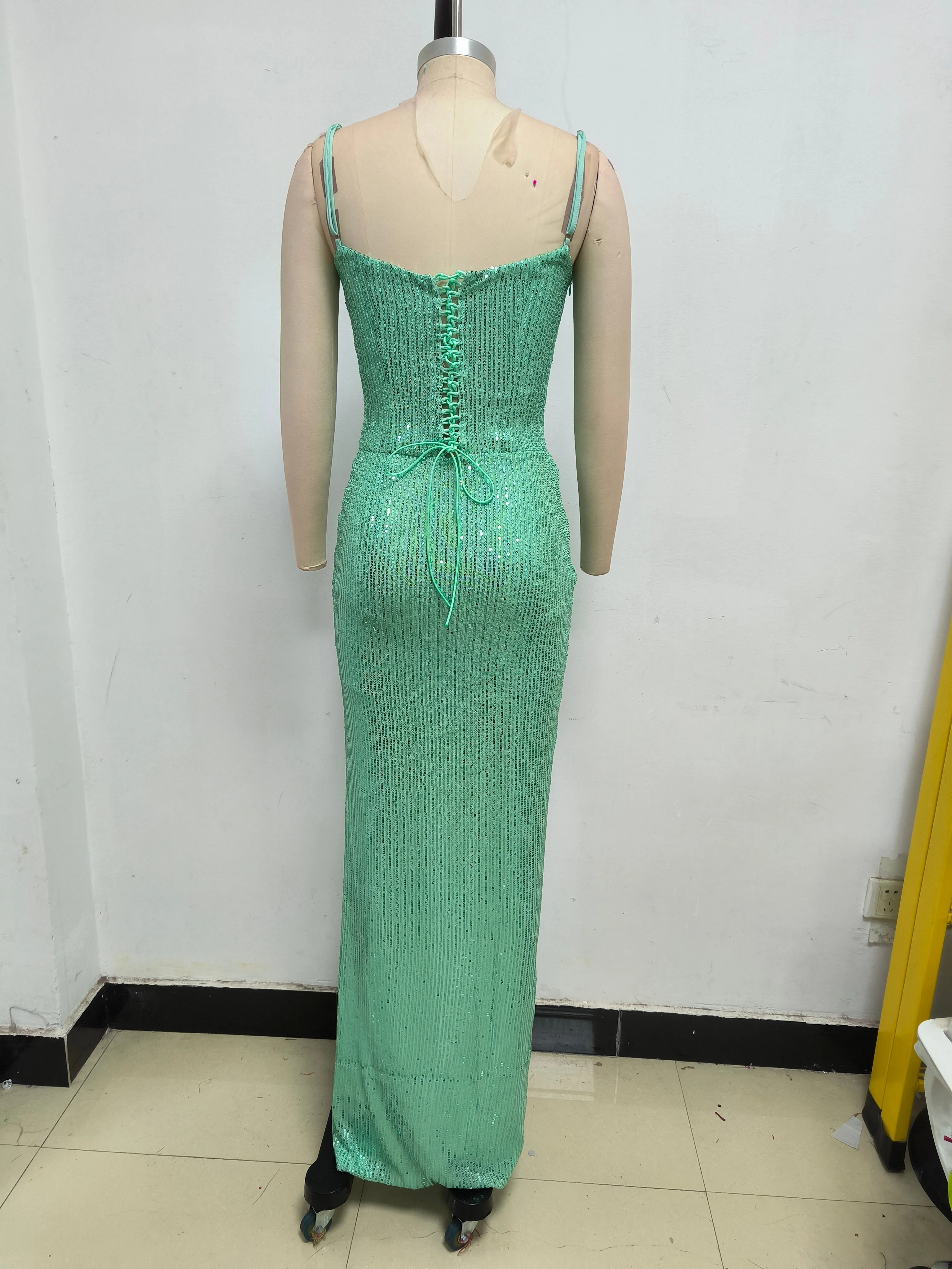 Sparkly Sequin Lace Up Twisted Ruched High Slit Slip Evening Maxi Dress