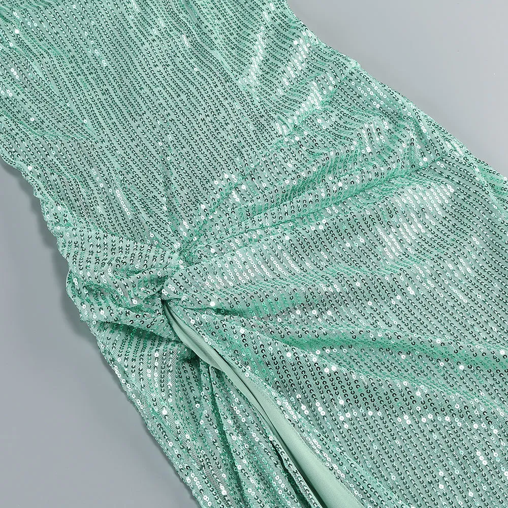 Sparkly Sequin Lace Up Twisted Ruched High Slit Slip Evening Maxi Dress