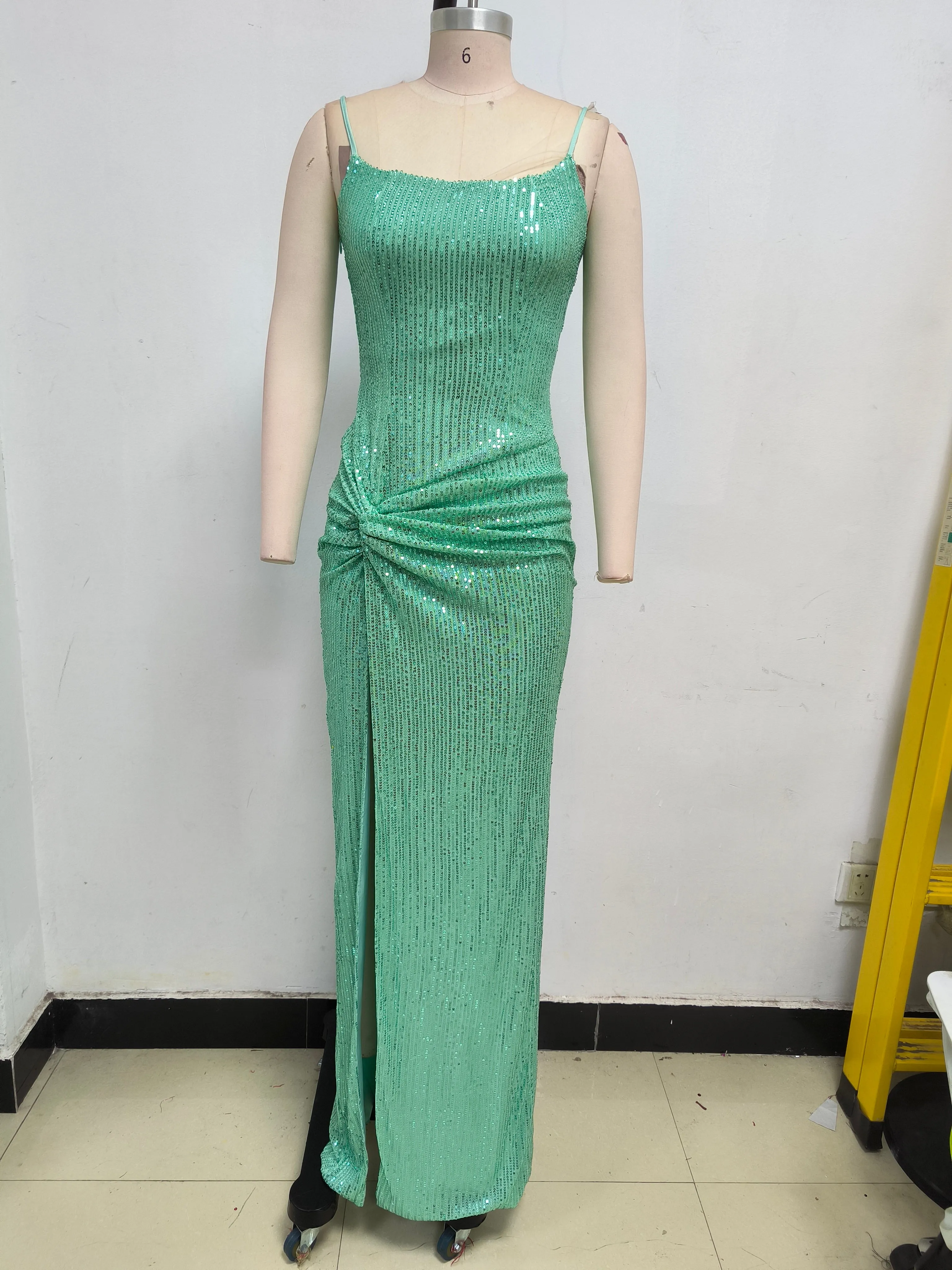 Sparkly Sequin Lace Up Twisted Ruched High Slit Slip Evening Maxi Dress