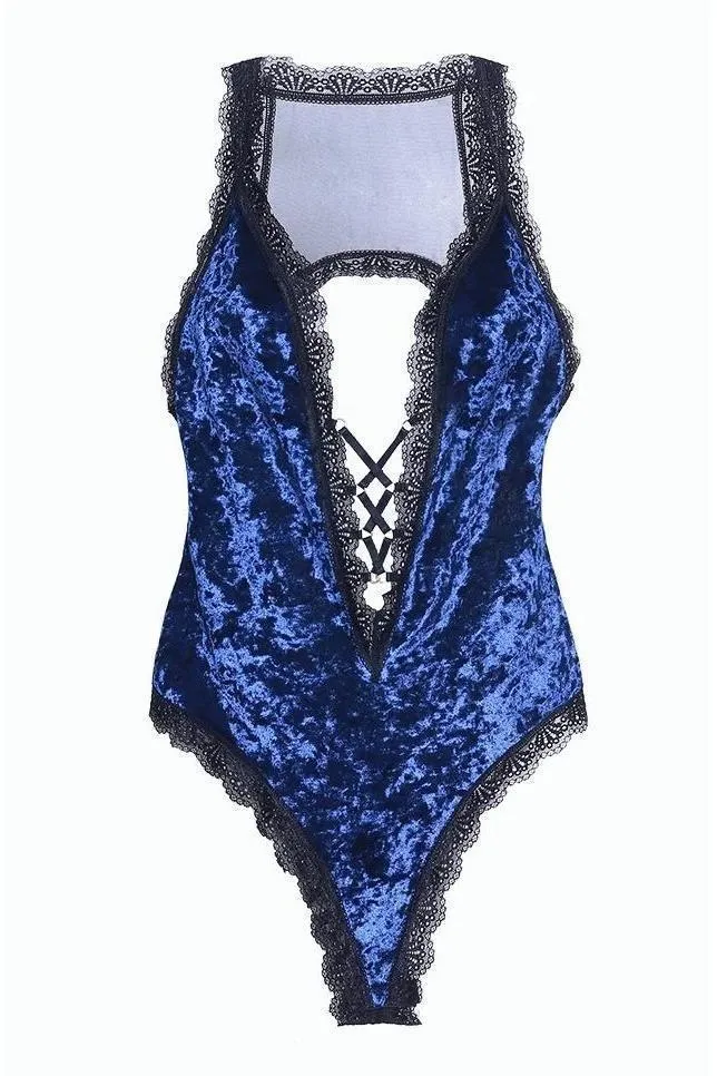 SS-Plus Size Crushed Velvet Teddy With Lace Up Plunge Neckline And Back Keyhole