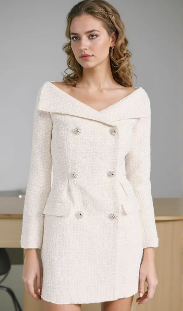 STEPHANIE WHITE BOUCLE BLAZER MINI DRESS