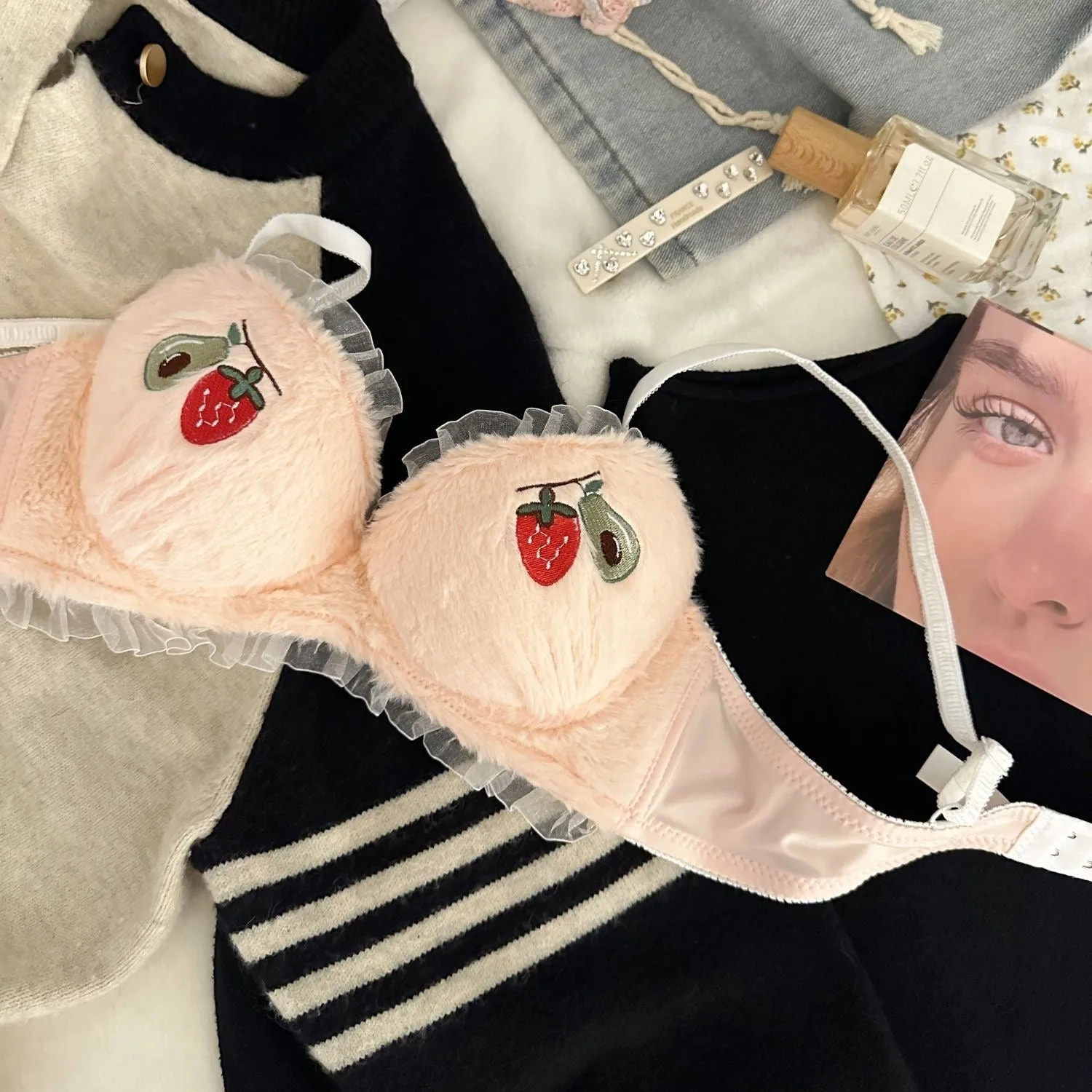 Strawberry Avocado Fur Lingerie Set For Women