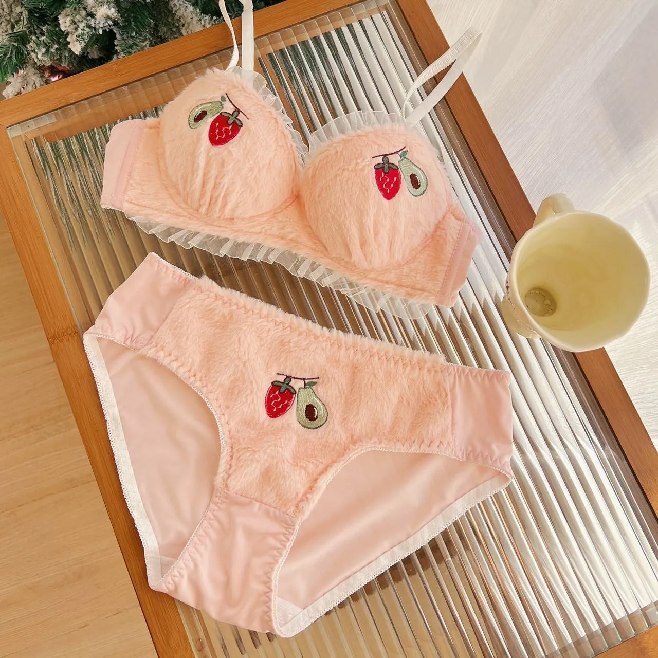 Strawberry Avocado Fur Lingerie Set For Women