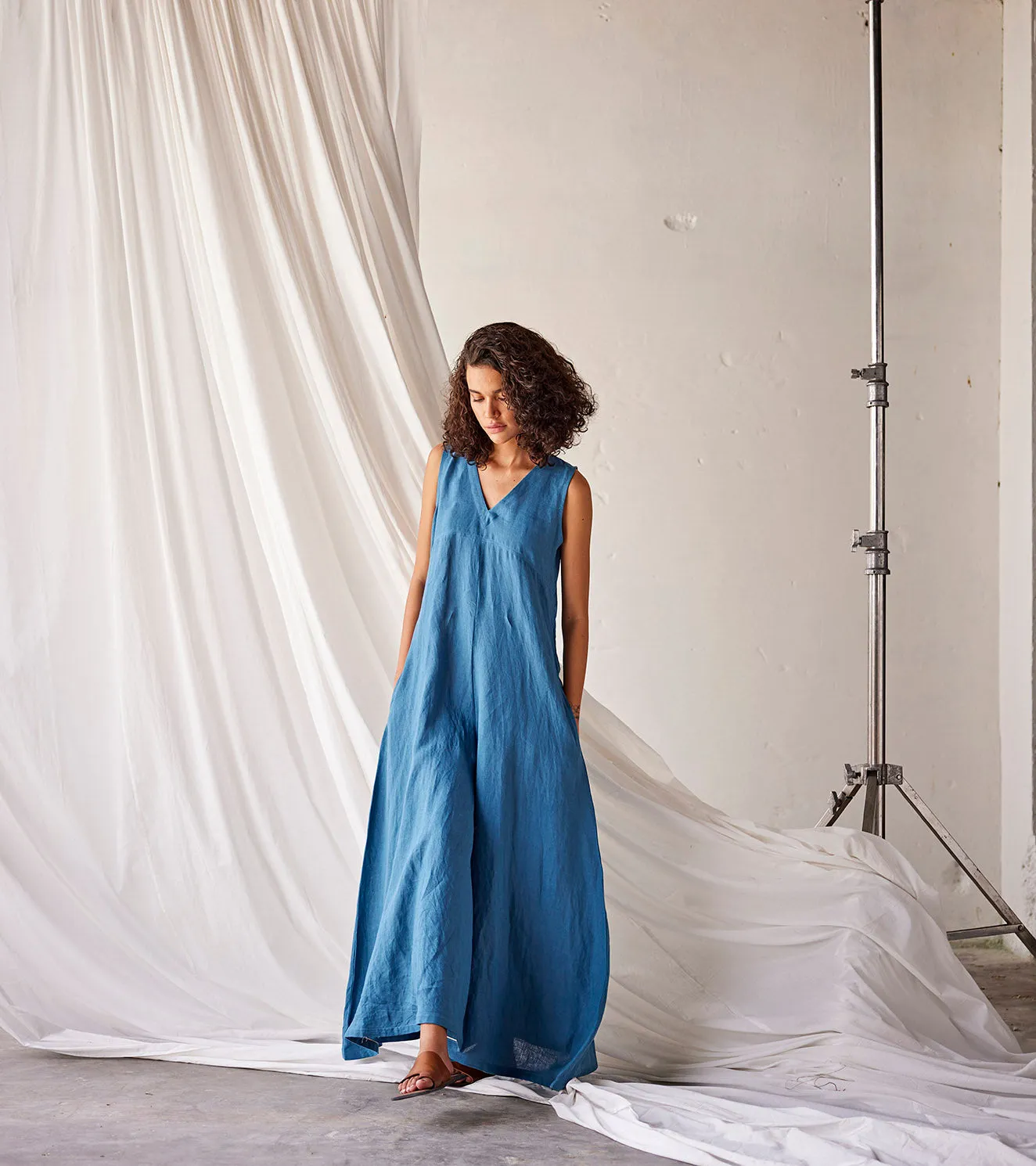 Summer Jumpsuit Linen V neck-Steel Blue-Fashion Edit Indian Summer-KW799-Khara Kapas
