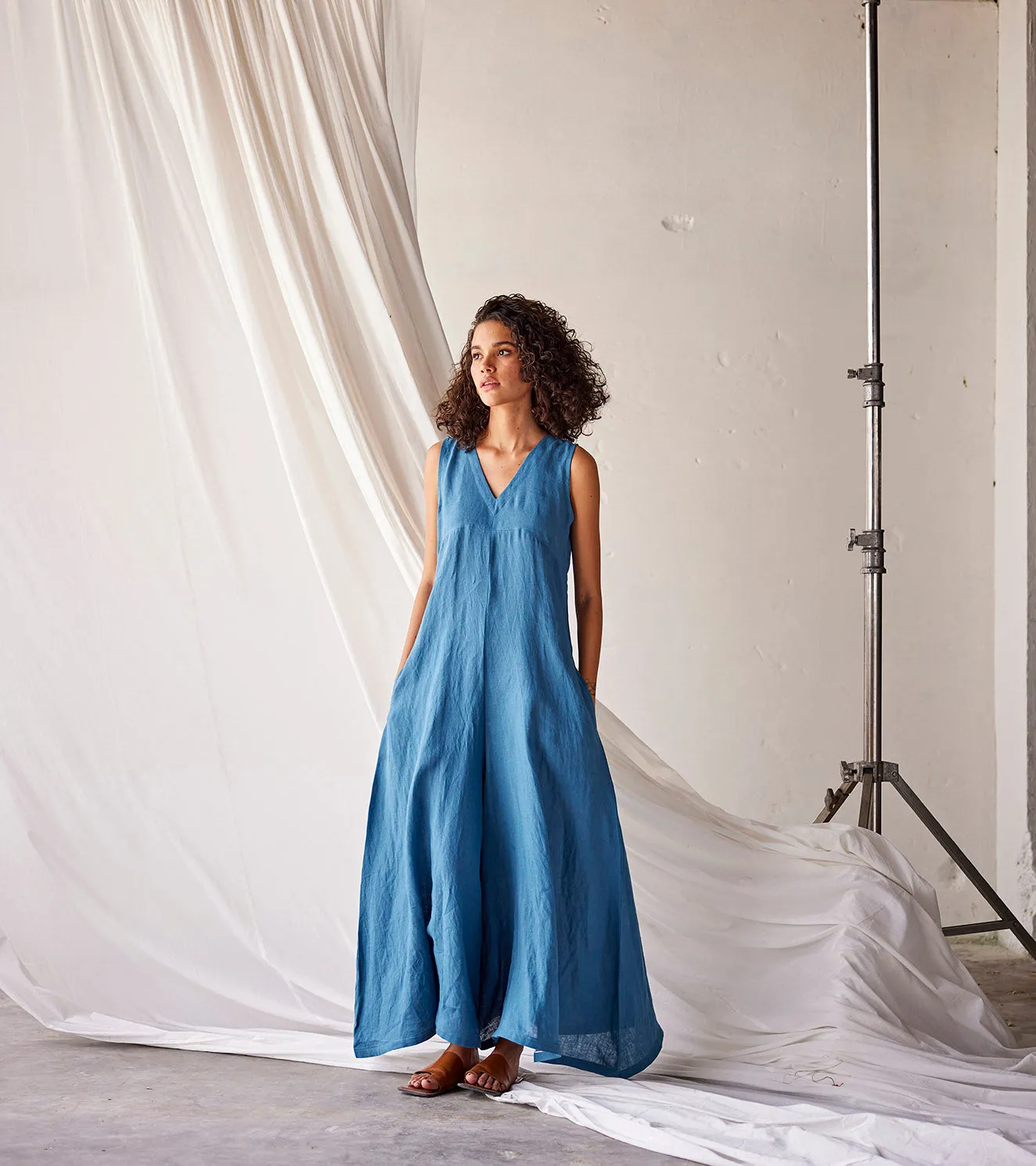 Summer Jumpsuit Linen V neck-Steel Blue-Fashion Edit Indian Summer-KW799-Khara Kapas