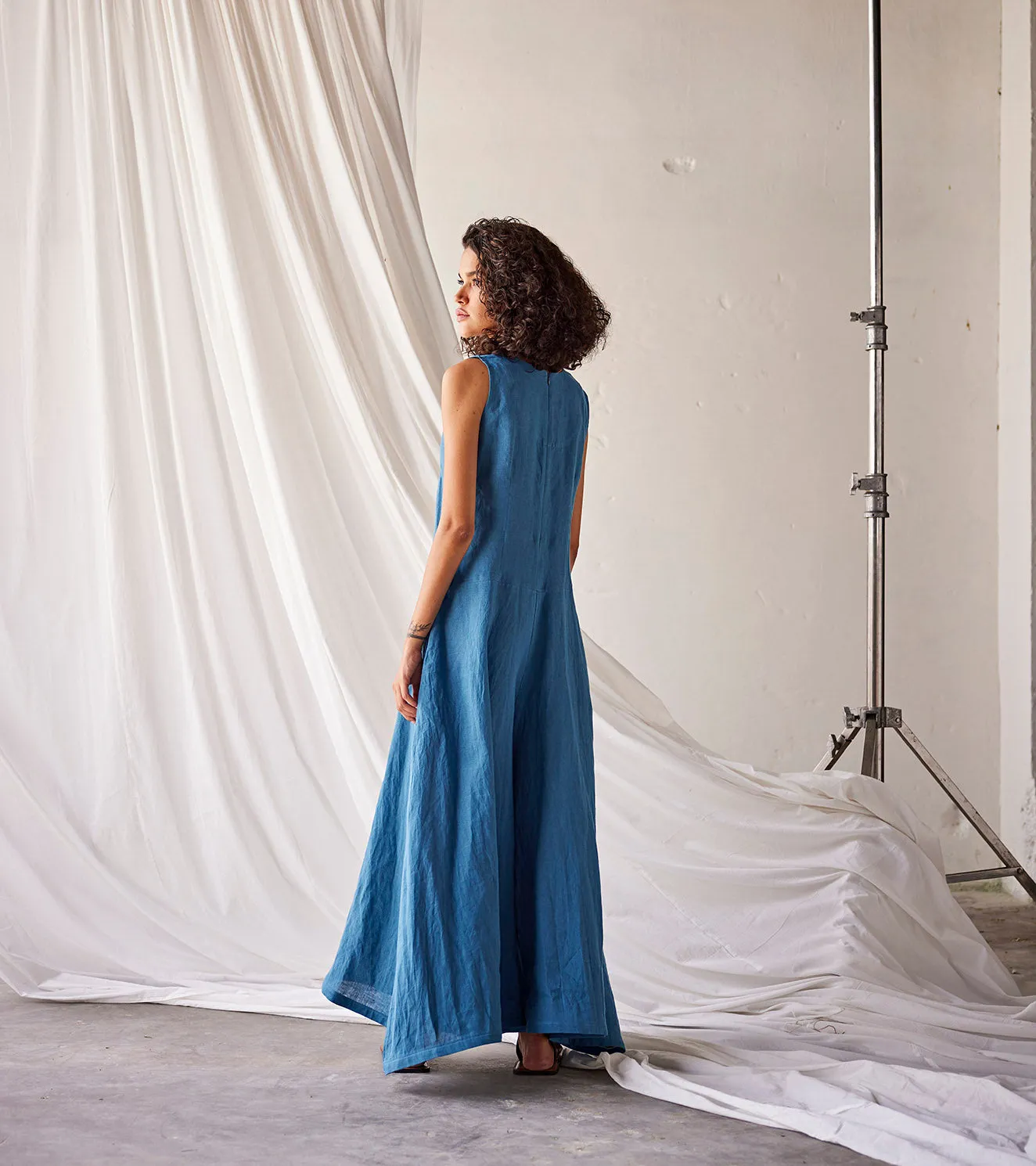 Summer Jumpsuit Linen V neck-Steel Blue-Fashion Edit Indian Summer-KW799-Khara Kapas