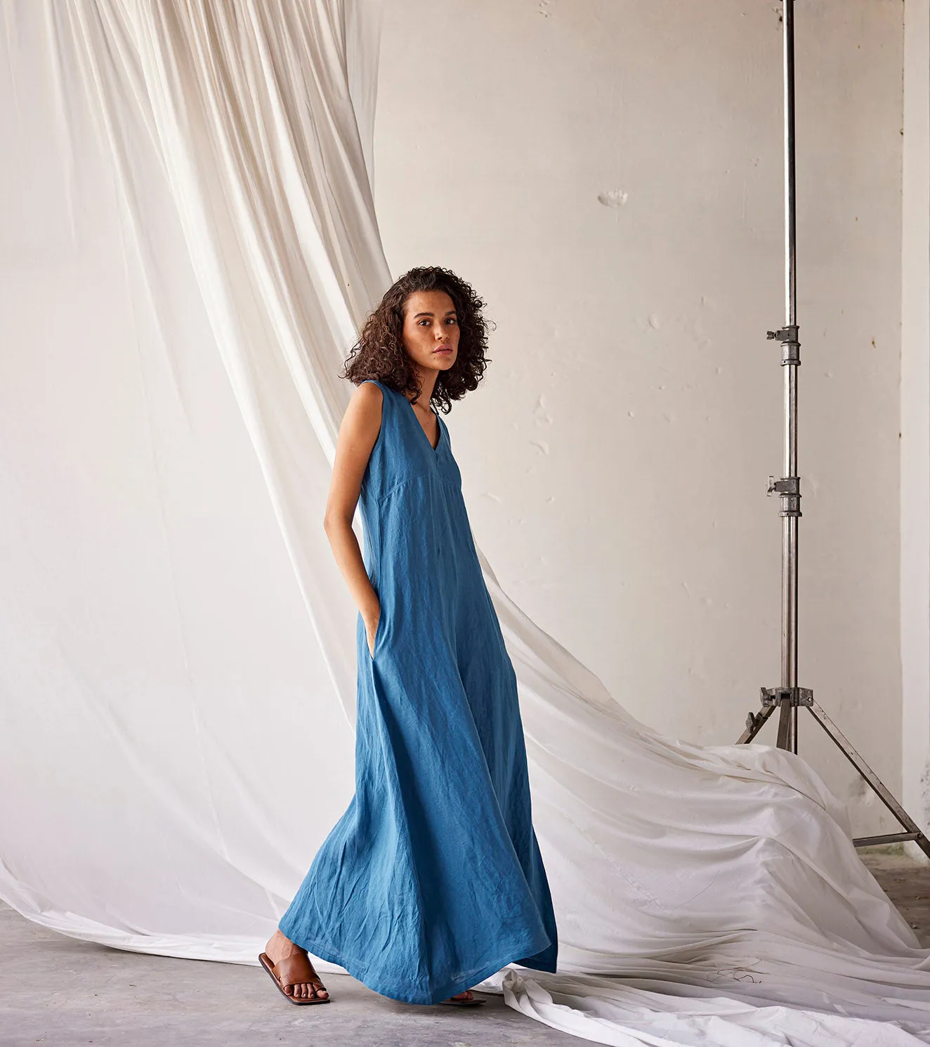 Summer Jumpsuit Linen V neck-Steel Blue-Fashion Edit Indian Summer-KW799-Khara Kapas