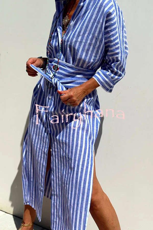 Summer Splendor Printed Button Half Sleeve Belt Loose Shirt Midi Dress