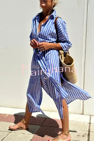Summer Splendor Printed Button Half Sleeve Belt Loose Shirt Midi Dress