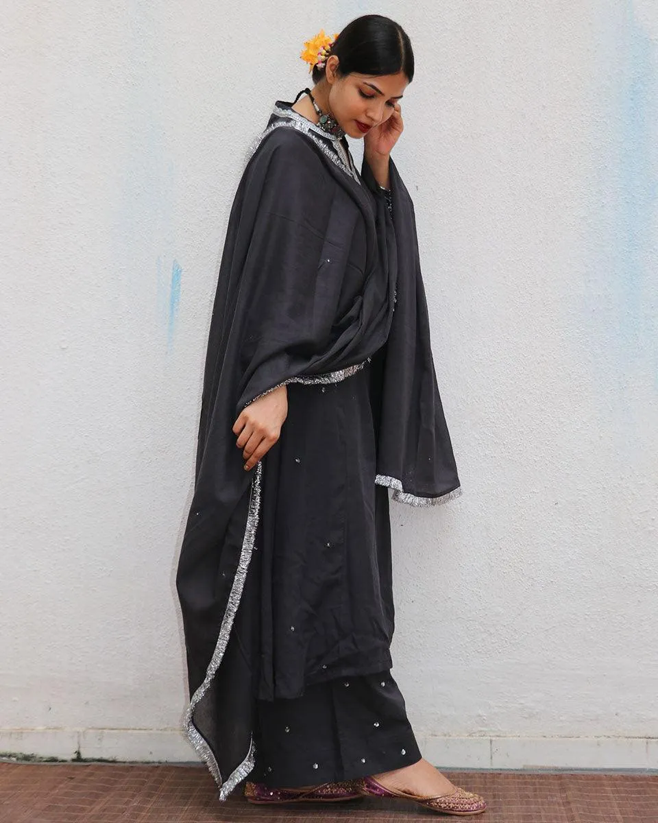 Tej Black Mulmul Cotton Kurta Set with Dupatta Set of 3 - Jugnoo