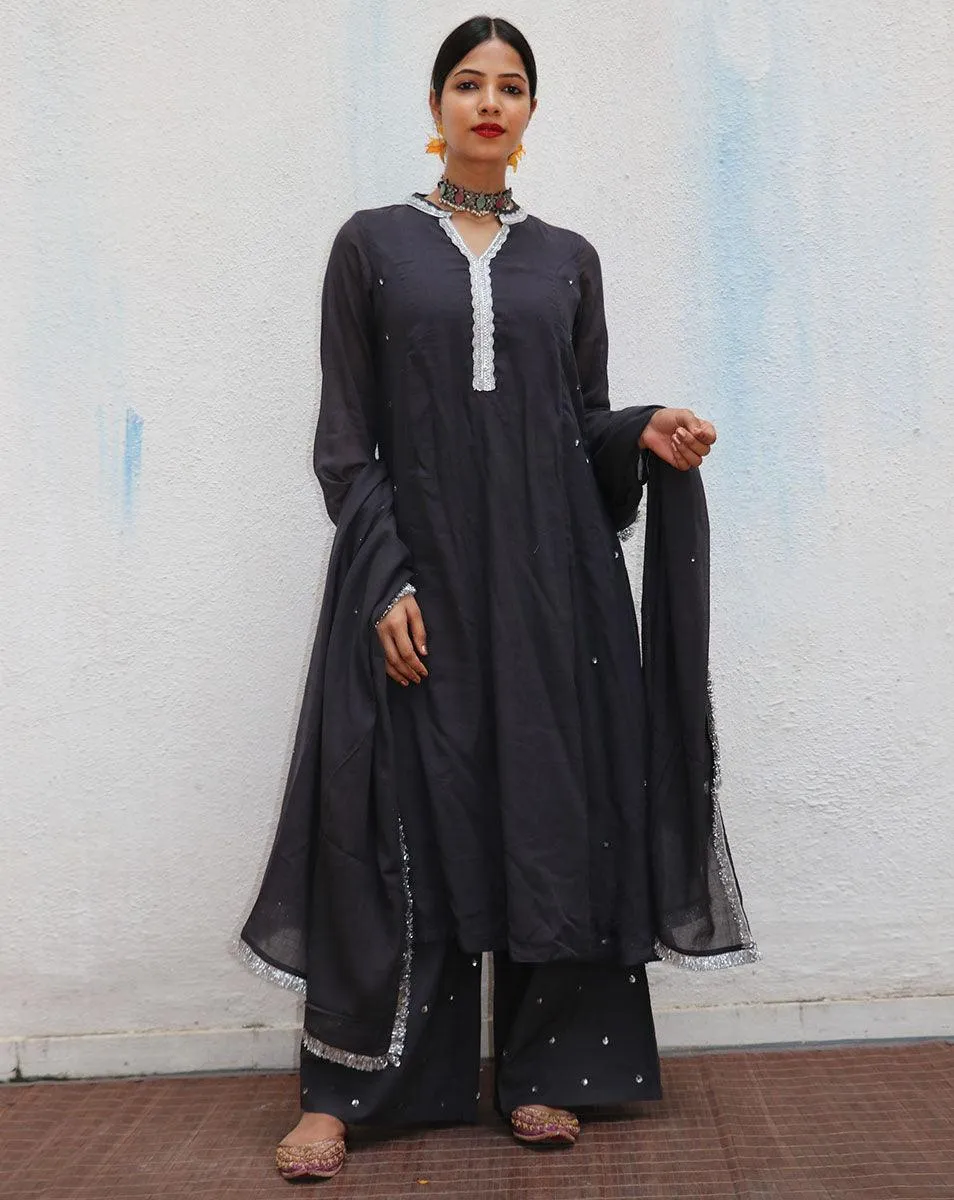 Tej Black Mulmul Cotton Kurta Set with Dupatta Set of 3 - Jugnoo