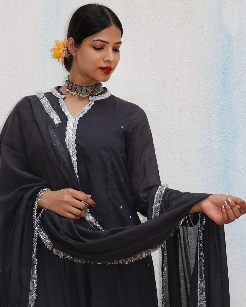 Tej Black Mulmul Cotton Kurta Set with Dupatta Set of 3 - Jugnoo