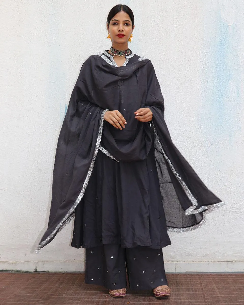 Tej Black Mulmul Cotton Kurta Set with Dupatta Set of 3 - Jugnoo