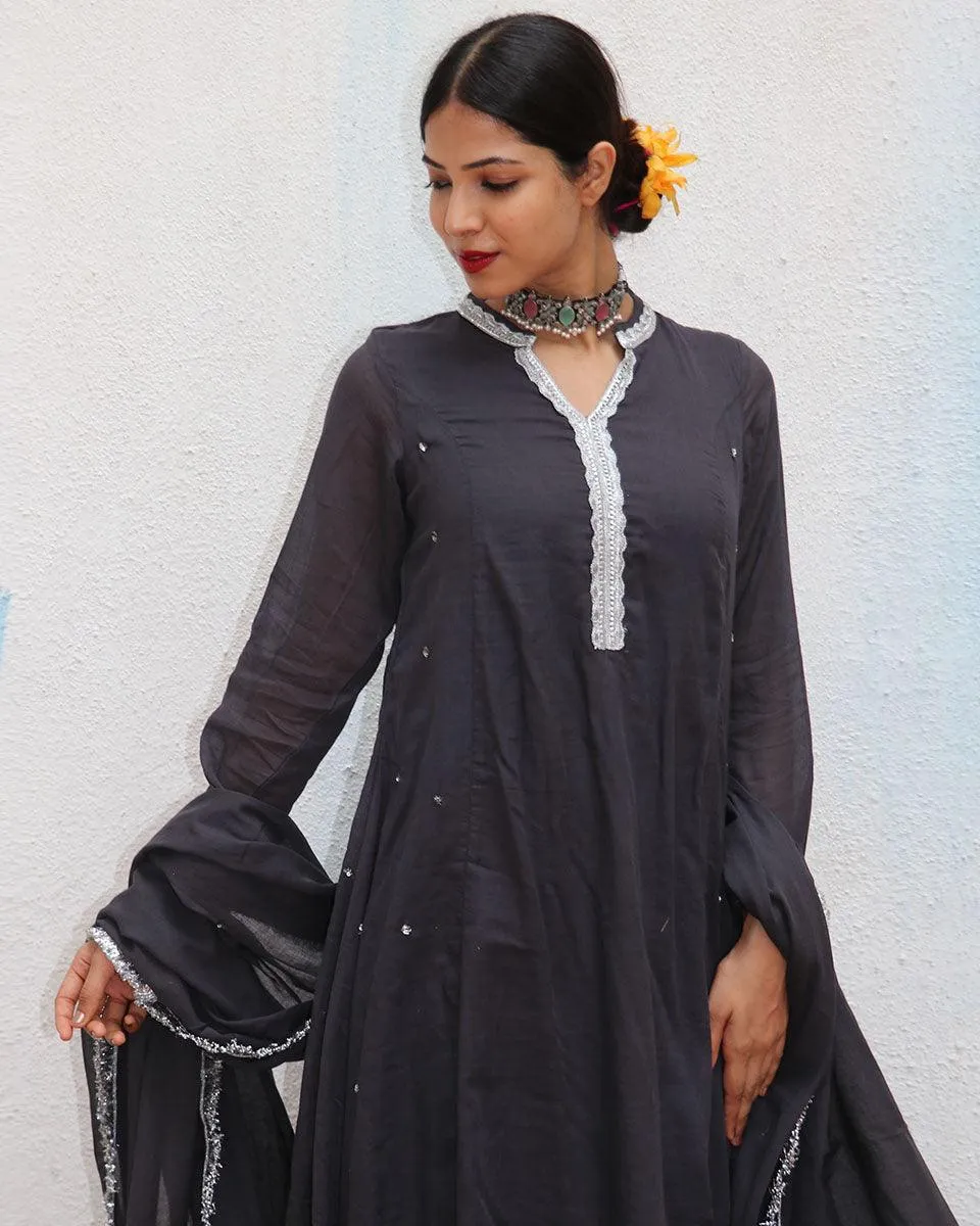 Tej Black Mulmul Cotton Kurta Set with Dupatta Set of 3 - Jugnoo