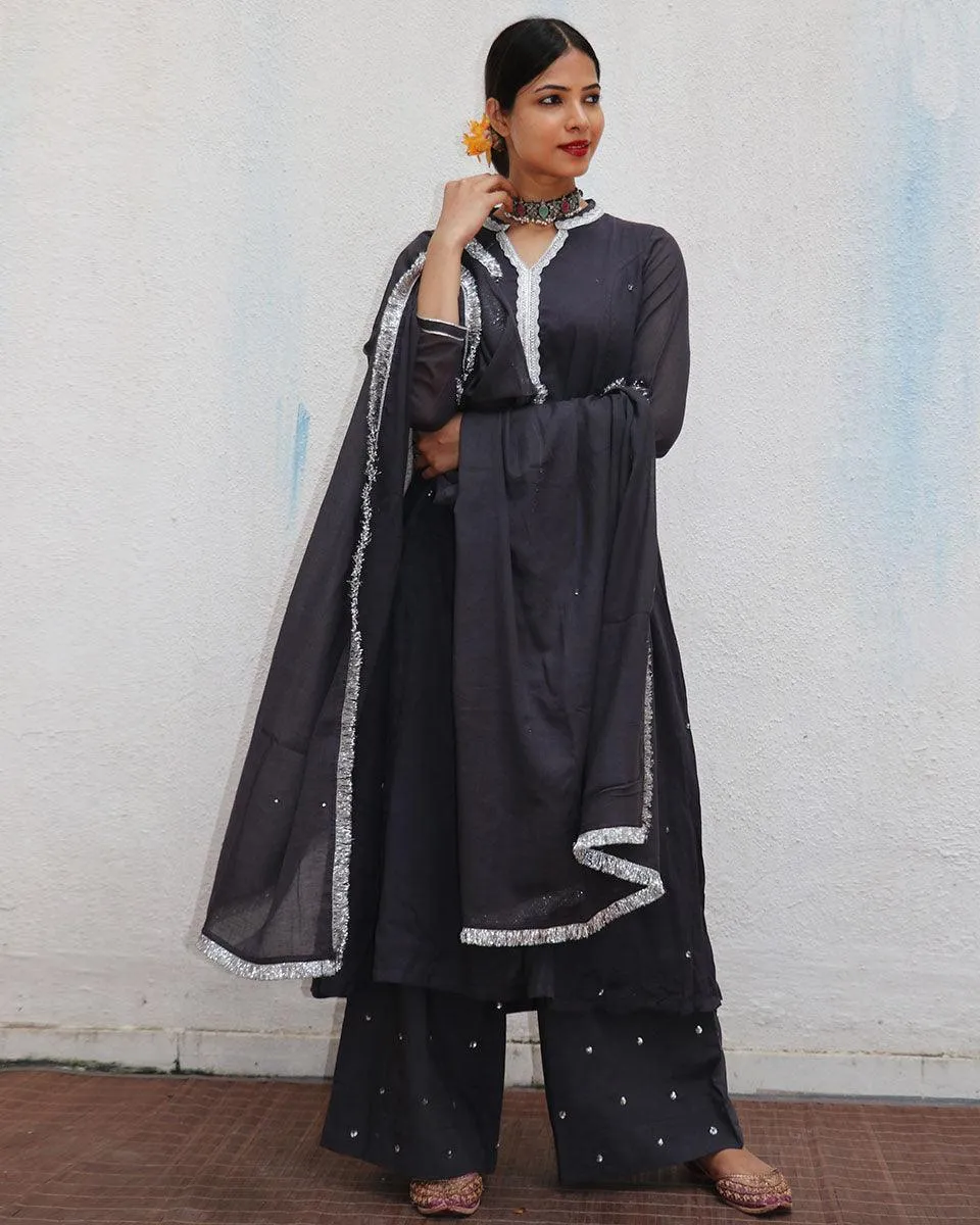 Tej Black Mulmul Cotton Kurta Set with Dupatta Set of 3 - Jugnoo