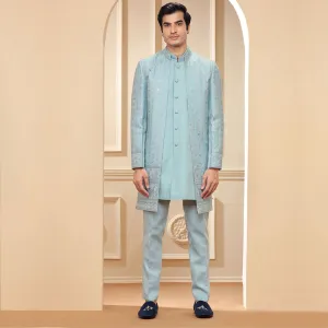 Tempting Light Blue Indo Western With Silver Toned Work Jacket