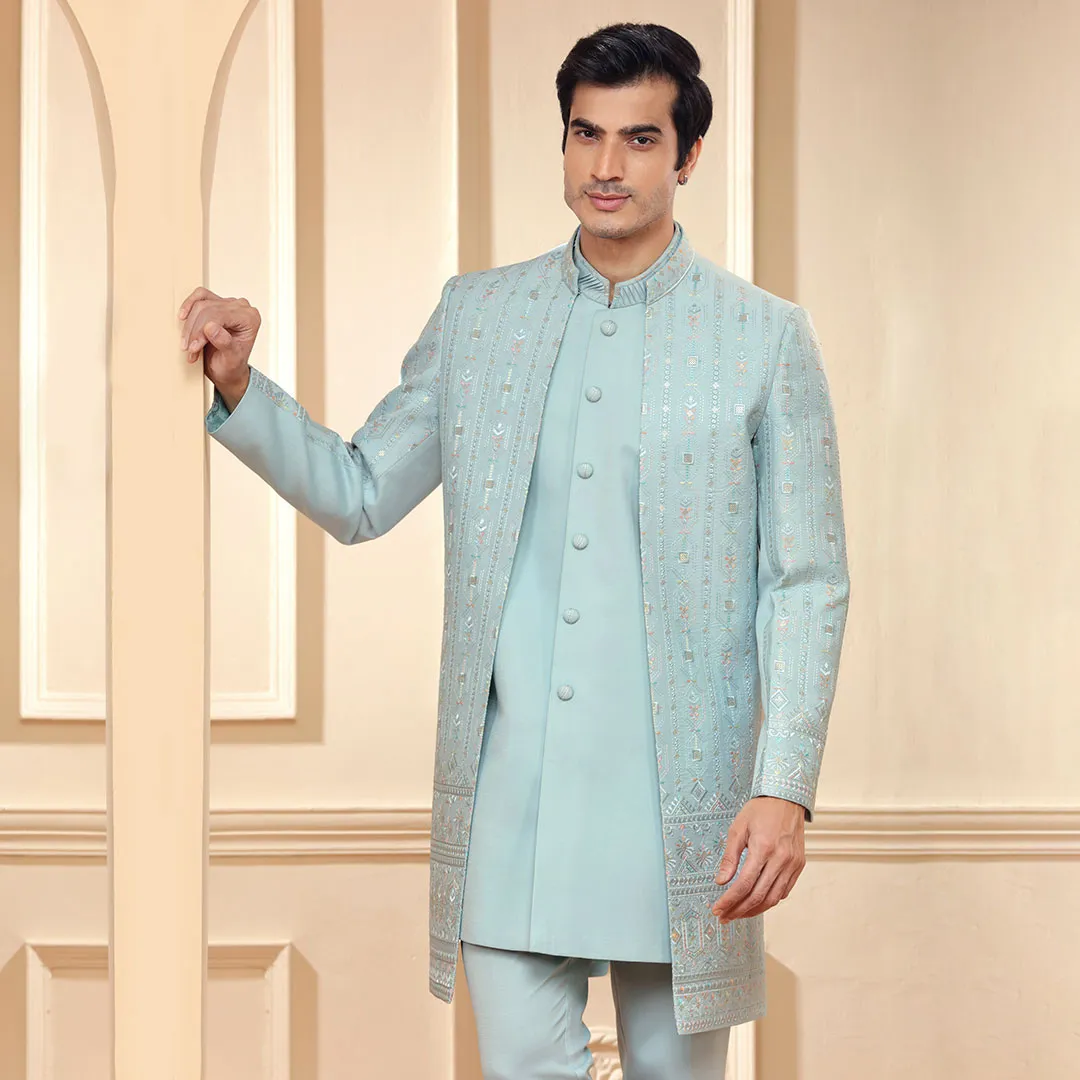 Tempting Light Blue Indo Western With Silver Toned Work Jacket