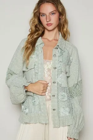 The Flower Edit Sage Pearl Detail Lace Patchwork Shirt